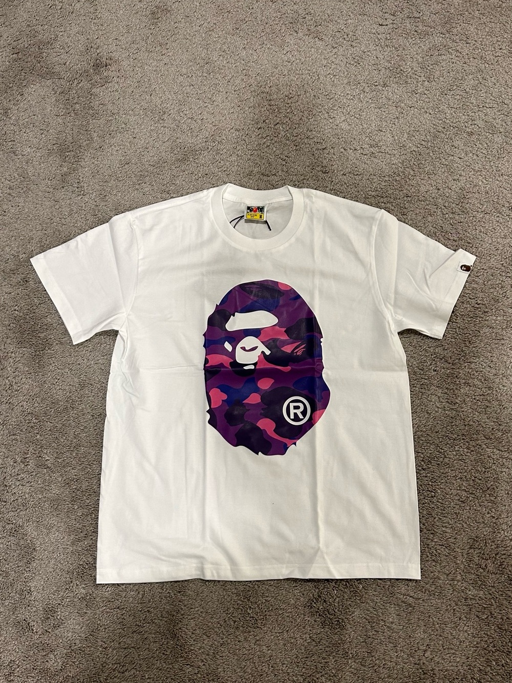 A Bathing Ape White T-Shirt with Purple Camo Ape Head